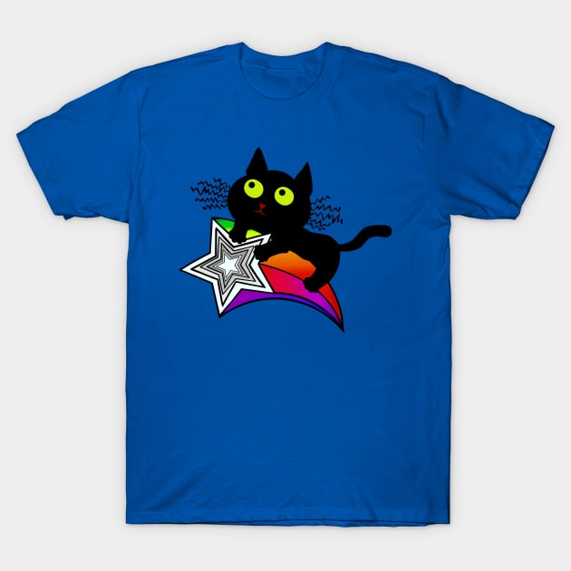 Lucky Black Cat riding a Shooting Star T-Shirt by kestrelle